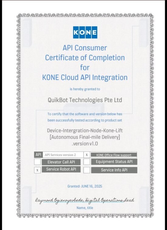 API Consumer Certification of Completion for KONE Cloud API Integration