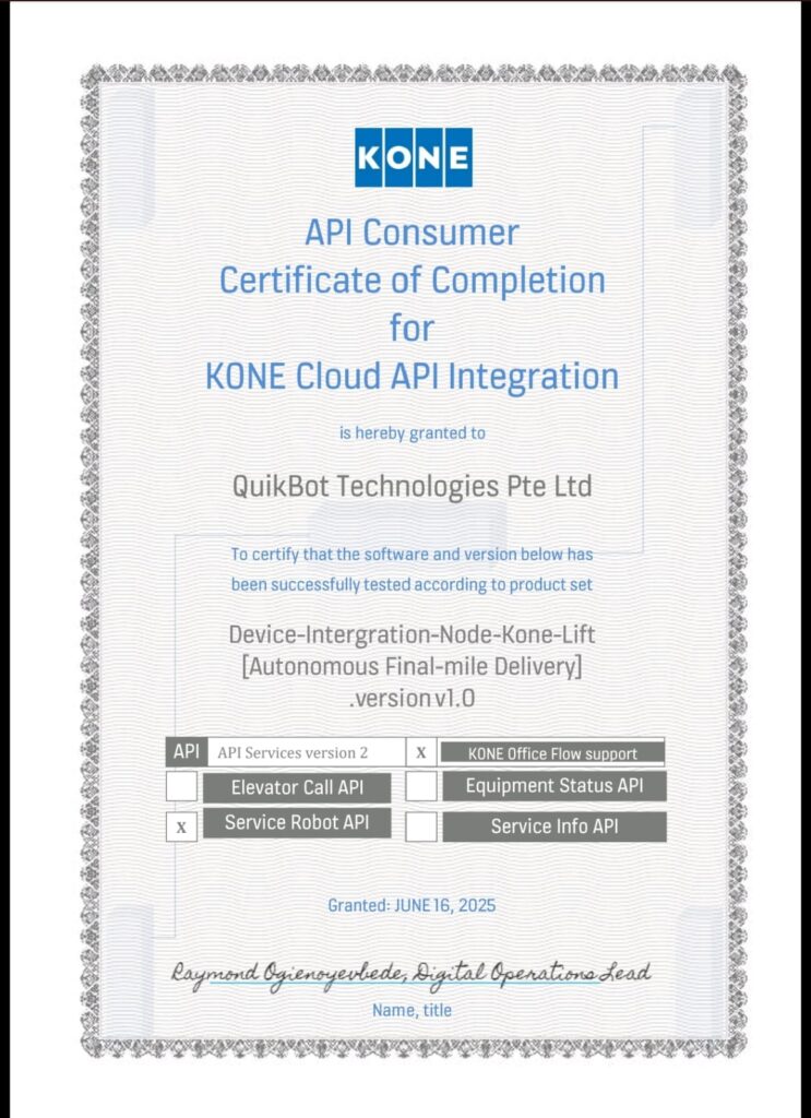 API Consumer Certification of Completion for KONE Cloud API Integration